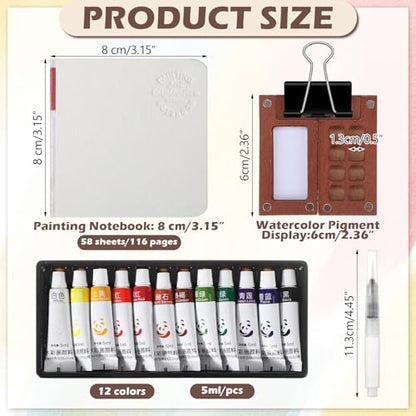 Watersay 12 Set Mini Watercolor Paint Set Paint Palette Travel Kit Pocket Artist Watercolor Travel Kit with Wooden Grid Palette Box Sketchbook Brush Pens Paints Clips for Beginners Artists Painters