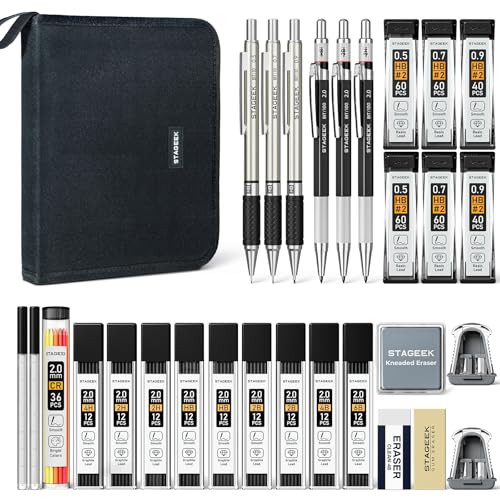 STAGEEK Mechanical Pencil Set with Canvas Bag 30 Count, Drawing Pencils 0.5, 0.7, 0.9MM & 3PCS 2MM Sketching Pencils with 464PCS Lead Refills (6B 4B 2B HB 2H 4H Color) for Artist Drafting Drawing - style: Canvas Bag