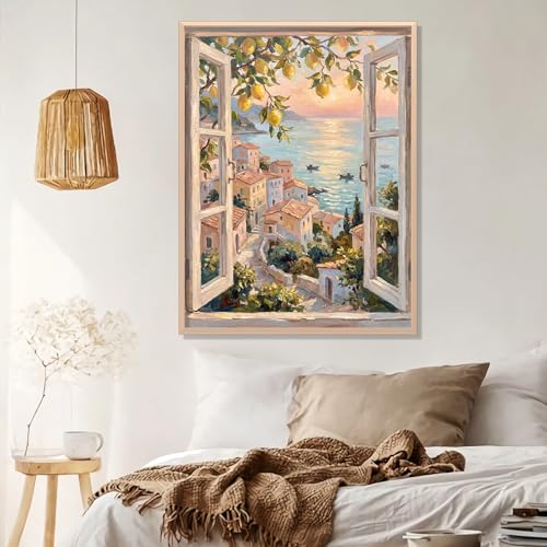 Lemon Tree Diamond Art Kits for Adults Beginners 12x16 IN, DIY Craft Gift | Window View Diamond Painting Kits for Adults, Stress Relief, Home Wall Decor, Seaside Town 5D Full Round Drill Gem Art - color: DP-US02