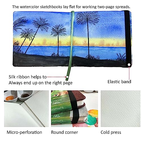 tumuarta Square Watercolor Journal, 8.25x8.25”, 140 LB, 300 GSM, Cotton Paper, Cold Press, 24 Sheets, 48 Pages, Watercolor Paper Sketchbooks for Use As Travel Mixed Media Pads On The Go (Green) - color: Green