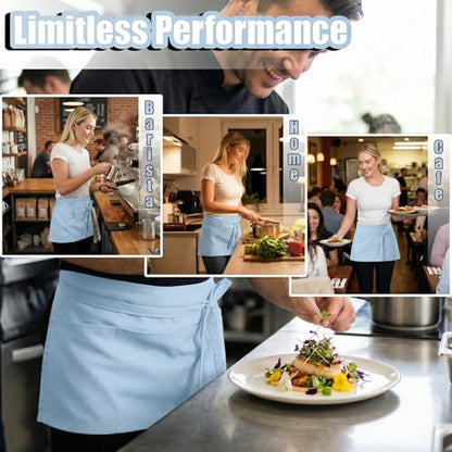 TOSHE Waist Apron 3 Pockets Waterdrop Resistant Cotton Server,Chef,Waitress - color: Light Blue