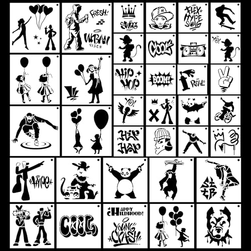 Keluna Street Spray Painting Stencils - 36 Pcs Graffiti Street Art Stencils for Painting on Wall Rock Canvas Bags T-Shirt Rug Mat - style: graffiti
