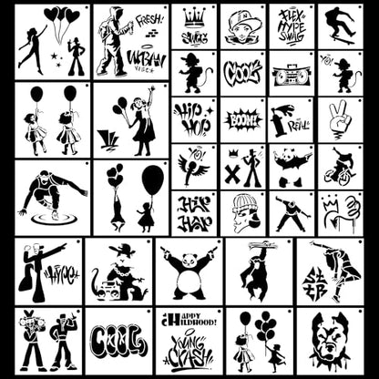 Keluna Street Spray Painting Stencils - 36 Pcs Graffiti Street Art Stencils for Painting on Wall Rock Canvas Bags T-Shirt Rug Mat - style: graffiti
