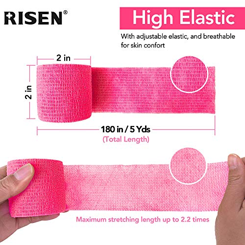 RISEN Cohesive Bandage 2” x 5 Yards, 6 Rolls, Self Adherent Wrap Medical Tape, Adhesive Flexible Breathable First Aid Gauze Ideal for Stretch Athletic (Pack of 2) - color: Neon Pink, size: 6 Count (Pack of 2)