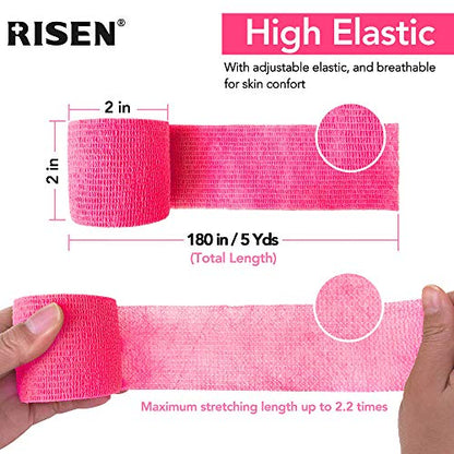 RISEN Cohesive Bandage 2” x 5 Yards, 6 Rolls, Self Adherent Wrap Medical Tape, Adhesive Flexible Breathable First Aid Gauze Ideal for Stretch Athletic (Pack of 2) - color: Neon Pink, size: 6 Count (Pack of 2)