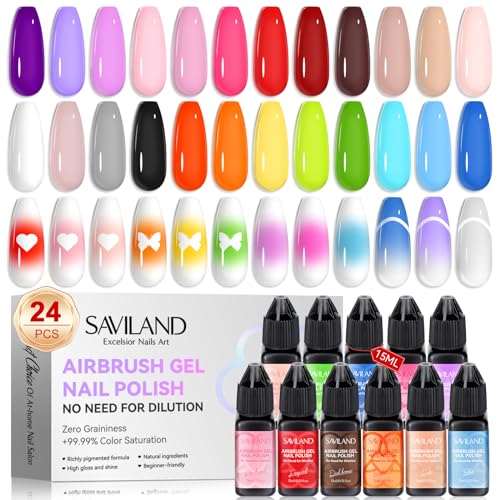 SAVILAND Hema-Free Airbrush Gel Nail Polish 24 Colors Airbrush for Nails | Dilution-Free Airbrush Paint for Nails, Non-Acetone, High Color Saturation, For Gradients Blush Nail Art - color: Classic Color