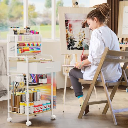 Art cart, 3 Tier Rolling Cart - Utility Cart with Storage Drawer and Wheels, Versatile Art & Craft Organizer for Home, Office, or Studio Ideal for Storing Brushes, Paints （ White） - color: White Maple