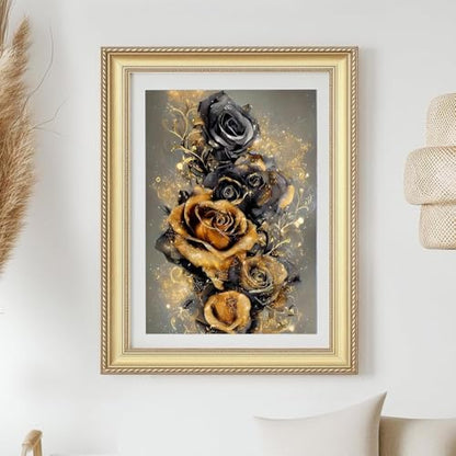 Diamond Art Kits for Adults, Diamond Art Flowers: Black Gold Rose Round Drill Painting - 5D Full Drill, 12"x16" Beginner DIY Elegant Wall Art Gift +30% Bonus Diamonds! - color: Black Gold Rose