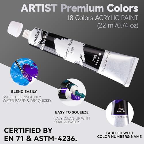 koseibal Kids Acrylic Paint Set with Canvas, Art Supplies Kits for Adults | Art Painting Supplies Kit for Beginners & Adults 18 Vibrant 22ml Acrylic Paint, 6 Canvas Boards, Desktop Easel - color: 18x22ml+Easel-S