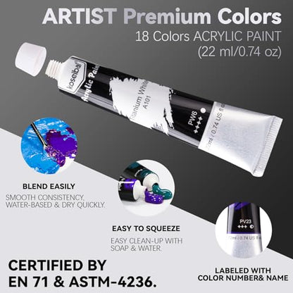 koseibal Kids Acrylic Paint Set with Canvas, Art Supplies Kits for Adults | Art Painting Supplies Kit for Beginners & Adults 18 Vibrant 22ml Acrylic Paint, 6 Canvas Boards, Desktop Easel - color: 18x22ml+Easel-S