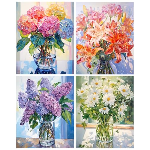 Yeaqee 4 Pcs Hydrangea Diamond Art Kits for Adults Flowers Gem Painting Kit DIY Jewel Diamond Art for Beginners Aesthetic Room Crafts Cute Painting Pictures 5d Craft Wall Decor for Home 10 x 11.8'' - style: Flower Vase