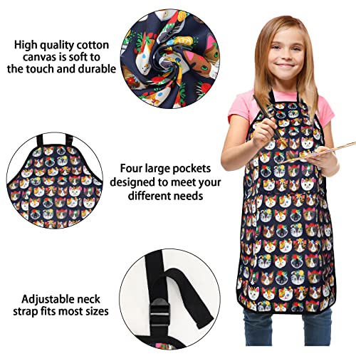 FreeNFond Kids Apron Adjustable Child Apron with 4 Pockets for Baking Painting - color: Blue Cat