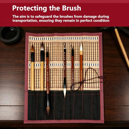 Paint Brush Roll, Bamboo Paint Brush Bag, 4 Sided Edging Paintbrush Storage Bag, 11.8x14in Art Paints Brushes Roll Up Case with 9Pcs Cloth Pockets for Paintbrushes Storage