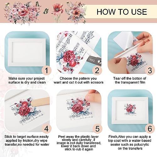 BBTO 12 Sheets Rub on Transfers for Crafts Wood Furniture DIY, 5.5" x 5.7" - style: Music Flower