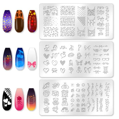3Pcs Girly Elements Nail Stamping Plate Set Heart Bowknot Nail Stamp Templates French Line Tip Nail Stamp Plates Lovely Metal Reusable Tools with Stamper Scraper for Manicure Printing - style: Girly Style
