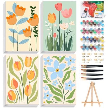 4 Pack Framed Paint by Numbers Kit for Adults Flowers with Wooden Easel - color: FOP4P-04