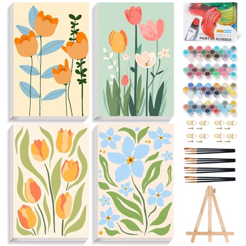 4 Pack Framed Paint by Numbers Kit for Adults Flowers with Wooden Easel - color: FOP4P-04