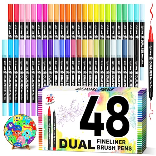 Brush Pens for Adult Coloring Books, 48 Colors Dual Tip Art Markers – Fine Tip for Outlining + Brush Tip for Coloring, Water-Based Non-Bleeding Markers for Journaling, Calligraphy, Hand Lettering - color: 48 Colors