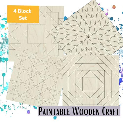 9" Barn Quilt Kit Set 4 | Aztec, Pineapple, HST Fun, LG Milky Star | Paintable unfinished wood quilt blocks for DIY farmhouse wall art and craft nights. - size: 9 inches (set of 4), style: Aztec,Pineapple,HSTFun,LGMilkyStar