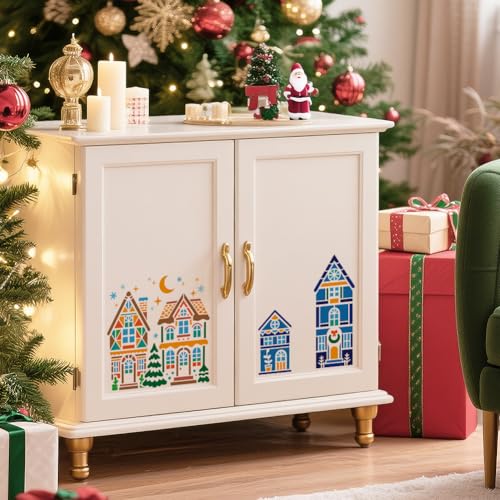 6Pcs Christmas House Stencils for Painting, Reusable Pine Tree Stencil Drawing Templates, House DIY Craft Paint Templates for Wall Home Decor Wood Burning Canvas Fabric Window - style: Christmas House