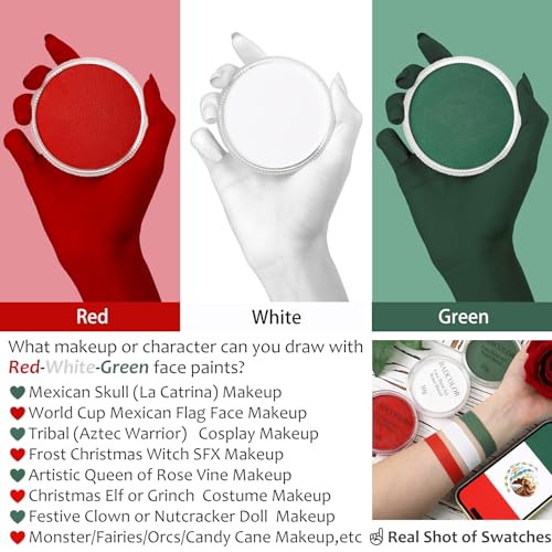 Green White Red World Cup Mexico Flag Face Body Paint Set, Face Painting Kit with Paintbrushes for Halloween Day of the Dead Catrina Makeup Clown Skull Tribal Warrior Christmas Elf Queen SFX Make-up - color: Dark Green+White+Red+3Pcs Brushes