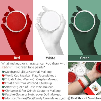 Green White Red World Cup Mexico Flag Face Body Paint Set, Face Painting Kit with Paintbrushes for Halloween Day of the Dead Catrina Makeup Clown Skull Tribal Warrior Christmas Elf Queen SFX Make-up - color: Dark Green+White+Red+3Pcs Brushes
