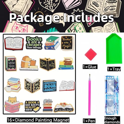 16 Pcs Book Diamond Painting Magnets Kits Diamond Art Fridge Magnet Refrigerator Sticker Diamond Painting kit for Beginners Adults DIY Art Craft Gifts Home Decors - color: Book