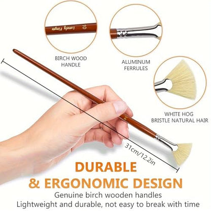 Artist Fan Paint Brushes Set, 7 Pieces White Hog Bristle Natural Hair Anti-Shedding Brush Tips and Long Wood Handle, Professional Artist Fan Brushes for Acrylic Oil Painting