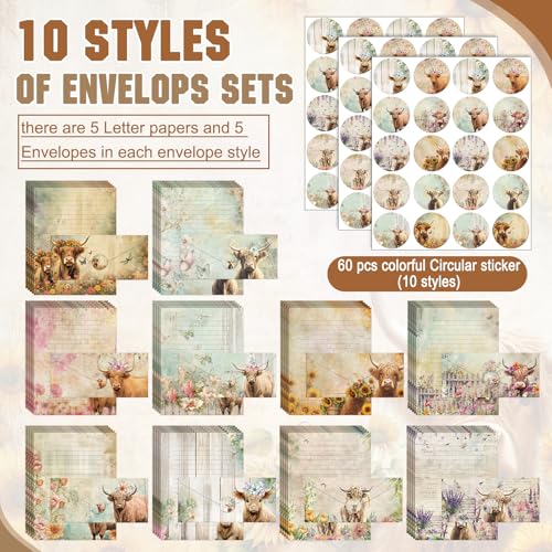 TaoBary 160 Pcs Floral Highland Cow Stationery Paper and Envelopes Set 50 Double Sided Lined Stationery Paper with 50 Envelopes and 60 Round Dot Sticker 8.5 x 11'' Letter Writing Kit, 10 Design - size: 8.5 x 11 Inch, style: Floral Highland Cow