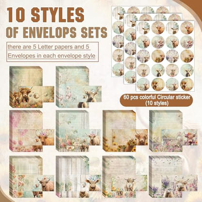 TaoBary 160 Pcs Floral Highland Cow Stationery Paper and Envelopes Set 50 Double Sided Lined Stationery Paper with 50 Envelopes and 60 Round Dot Sticker 8.5 x 11'' Letter Writing Kit, 10 Design - size: 8.5 x 11 Inch, style: Floral Highland Cow