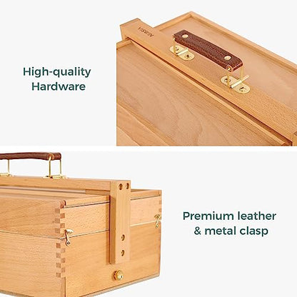 VISWIN Multi-Function Artist Storage Box, Portable Solid Beech Wooden Tool Box with Drawer, Three Layers Art Supplies Storage Box for Paint Brush, Pen, Pastel, Paining Supplies, 13 1/2" x9 1/2"x5" - size: Three Layers