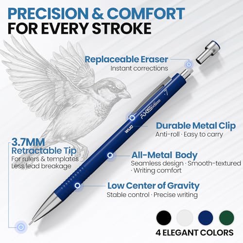 WUO 0.7 mm Mechanical Pencils with Eraser Pen Storage Case, 4 PCS | Metal Drafting Pencil Set, 480 HB Lead Refills, 3x4B Erasers, 11 Eraser Refills for Artist Writing Drawing Sketching - color: Multicolor2 - 0.7mm (4 Pack)