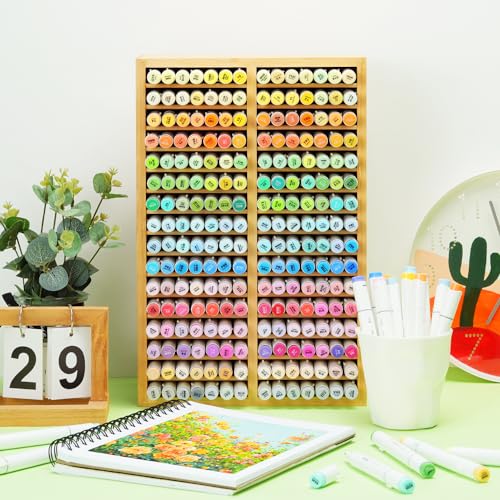 Ohuhu Bamboo Marker Organizer Hold 224 Markers for Honolulu Oahu Series | Markers Pens Pencils Stationary Organizer Holder Desktop Storage with 32 Compartments for Classroom Office Decor Home - style: Right Angle Hold 224 Markers
