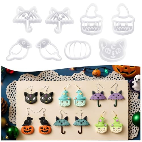 8 Pack Halloween Horror Atmosphere Polymer Clay Cutters - Demon Wizard Hat Demon Umbrella Moon Cat Pumpkin Crow, Ideal for Crafting Spooky Halloween Decorations - color: Halloween cat