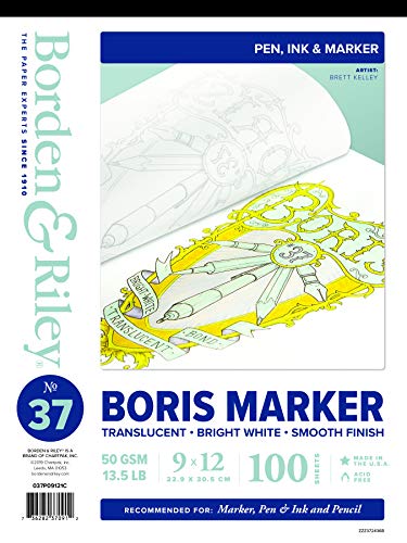 Borden & Riley 9" x 12" #37 Boris Marker Layout Bright White Translucent Bond Paper Pad, 50 GSM/13.5 LB, 100 Sheets, 1 Pad Each (037P09121C)