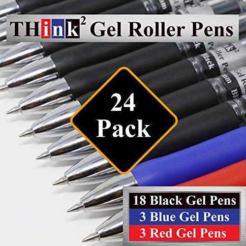 [24 Pens - 3 Colors] Think2 Retractable Gel Pens. (18 Black, 3 Red, 3 Blue) Fine Point (0.5mm) Rollerball Pens with Comfort Grip. - color: Black/Red/Blue