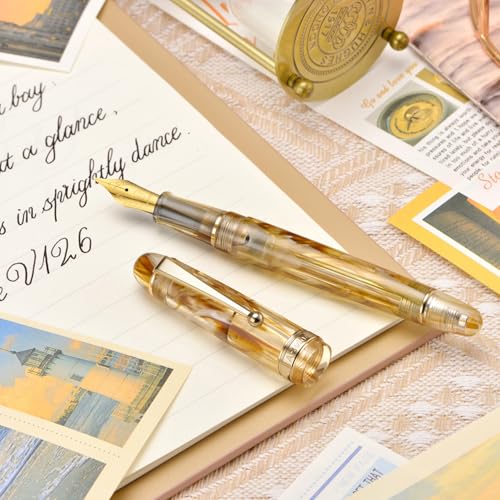 Asvine V126 Vacuum Filling Fountain Pen, Brown Swirl Acrylic Stub Nib 1.1mm Calligraphy Art Drawing with Case Set - color: Brown Swirl, style: Stub Nib