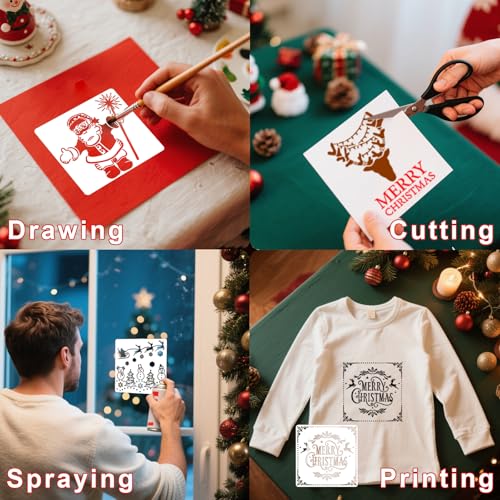 Reusable Christmas Stencils Set of 12 - Stencils for Painting On Wood, Walls, Fabric,Windows - Santa, Snowman, Pine Tree, Deer Xmas Holiday Stencil for Christmas Decorations (Christmas-5B) - style: Christmas-5B