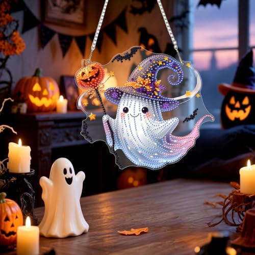 Genius maker Halloween Ghost Diamond Art Hanging Ornaments Kits for Adults, Fall Diamond Painting Pendant Kits, DIY Acrylic 5D Special Shaped Crystal Gem Art Painting Ornament for Home Decor 8x8 Inch - color: AS105