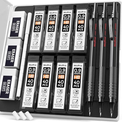 Nicpro 0.9 Metal Mechanical Pencil Set with Case, 3PCS Black MP1000 0.9mm Drafting Pencil, 8 Tubes HB Lead Refills, 3PCS Erasers, Erasers Refills for Artist Writing, Drawing, Sketching | 3PCS MP1000 0.9mm Drafting Pencil, 320PCS HB Lead Refills, 3PCS Eras