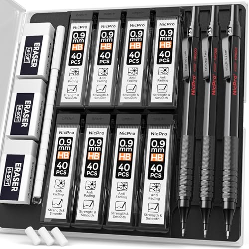 Nicpro 0.9 Metal Mechanical Pencil Set with Case, 3PCS Black MP1000 0.9mm Drafting Pencil, 8 Tubes HB Lead Refills, 3PCS Erasers, Erasers Refills for Artist Writing, Drawing, Sketching | 3PCS MP1000 0.9mm Drafting Pencil, 320PCS HB Lead Refills, 3PCS Eras