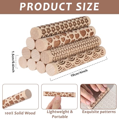Conderyang 16Pcs Wooden Clay Texture Roller Set Clay Modeling Pattern Rollers Wooden Texture Rollers Wood Pottery Tools Pottery Tool Set for Artists Art Creation Ceramic DIY, 4In x 0.6In（Style 2) - color: Style 2