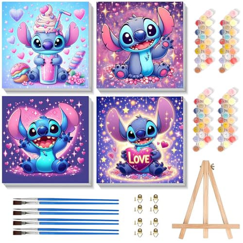 4 Pack Cartoon Paint by Numbers for Kids with Framed Canvas - Wooden Easel - color: BKH1281+BKH1282+BKH1283+BKH1284