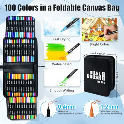 100 Colors Dual Brush Markers Pens with 4 Spiral Bound Adult Coloring Books