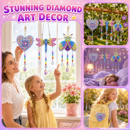 Diamond Art for Kids 8-12, 3 PCS Diamond Art Painting Sun Catcher for Girls - color: Yellow, Blue and Pink