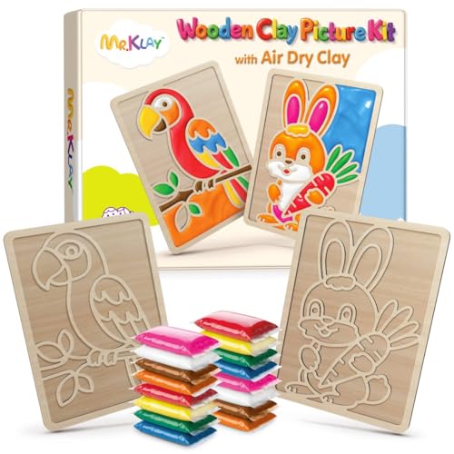 Air Dry Clay for Kids - Modeling Clay for Kids DIY Arts and Crafts Kit with 16 Soft Colored Magic Clay Bags & 2 Engraved Wooden Boards - Wooden Clay Picture Kit for Boys and Girls Ages 4-8
