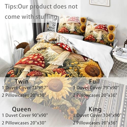 AILONEN Mushroom & Sunflower Duvet Cover Set Queen Size,Cartoon Flower Bee Quilt Cover with 2 Pillowcases, Soft Breathable 3Pcs - color: Mushroom110, size: Queen