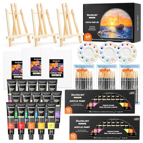 Shuttle Art 69 Pack Painting Kit for Adults and Couples, Sip and Paint for Date Night & Crafts, with 2 Packs 15-Color Acrylic Paint, 3 Wooden Easels, Canvas, Brushes & Palettes - size: 69 Pack