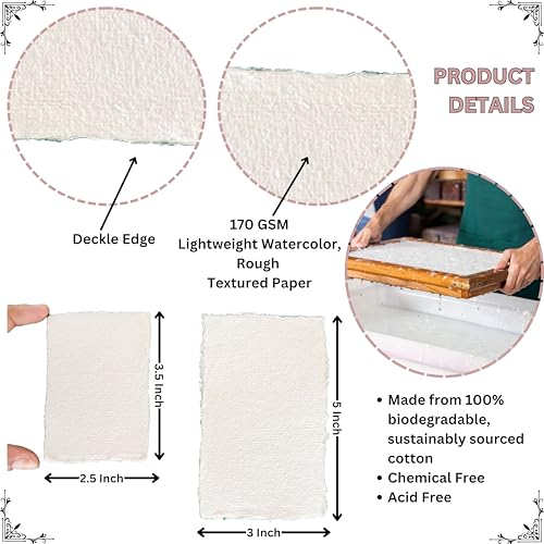 Bitskit 170 GSM Handmade Cotton Deckle Edge Paper – Lightweight, Textured Sheets for Invitations, Stationery, Journals, and Art Projects (Pack of 50) (3 x 5 inch) - size: 3 x 5 inch