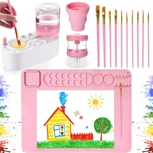 Painting Station Paint Brush Cleaner 20"X16" Silicone Paintings Mat with Cup and Paint Holder 10 Paintings Brushes Children's Painting Set Art Supplies for Kids Back to School Gifts DIY Crafts (Pink) - color: Pink